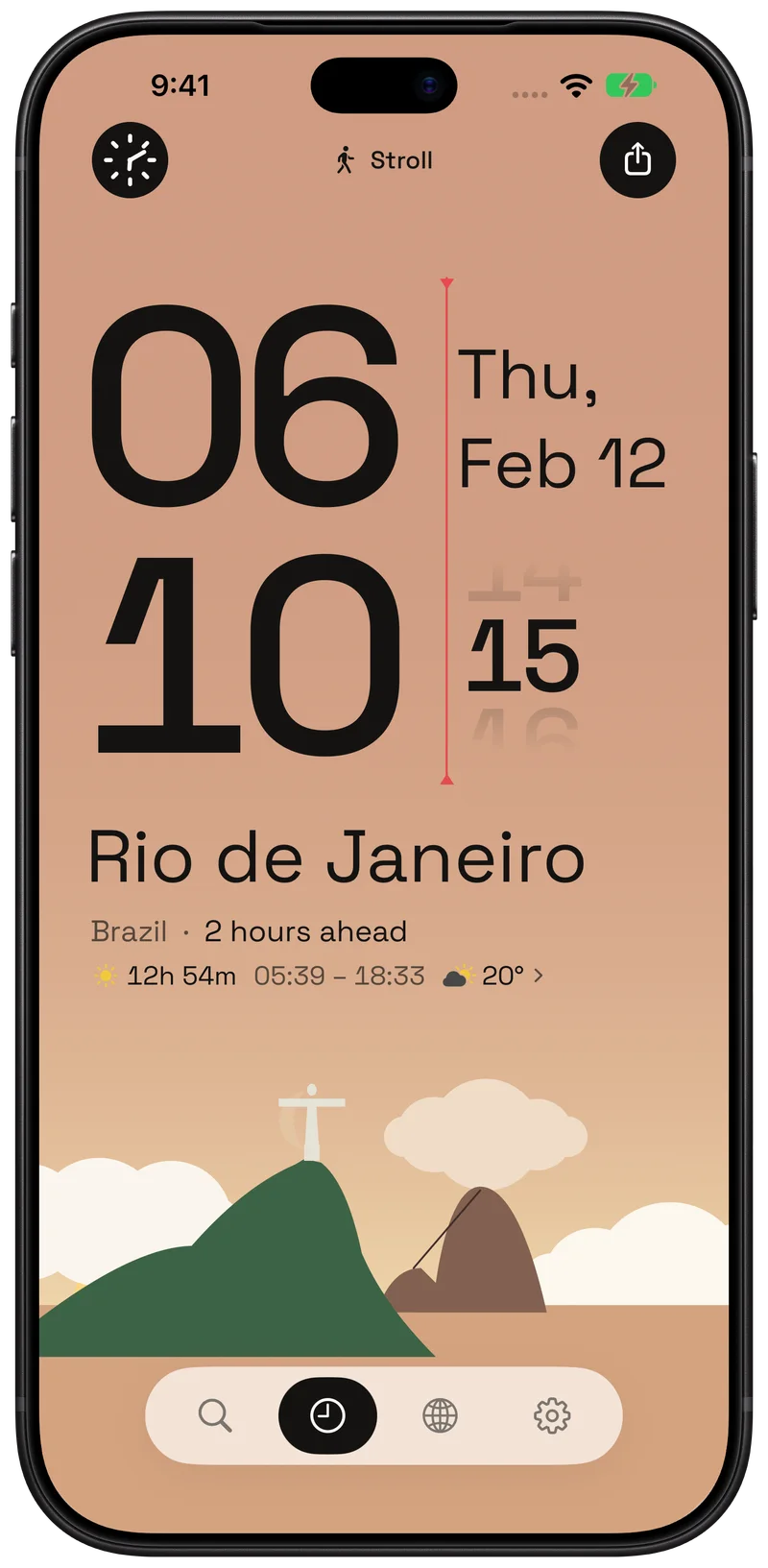 Rio de Janeiro at sunrise, with its illustrated coastline under the morning sky.