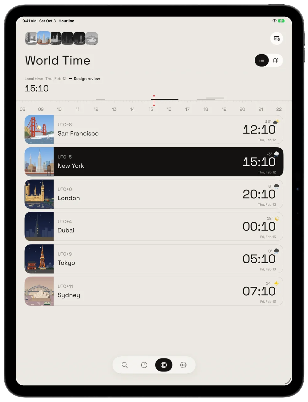 Compare local times, weather and day or night.