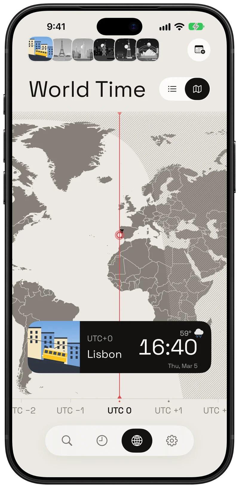 Explore your cities along the red hour line.
