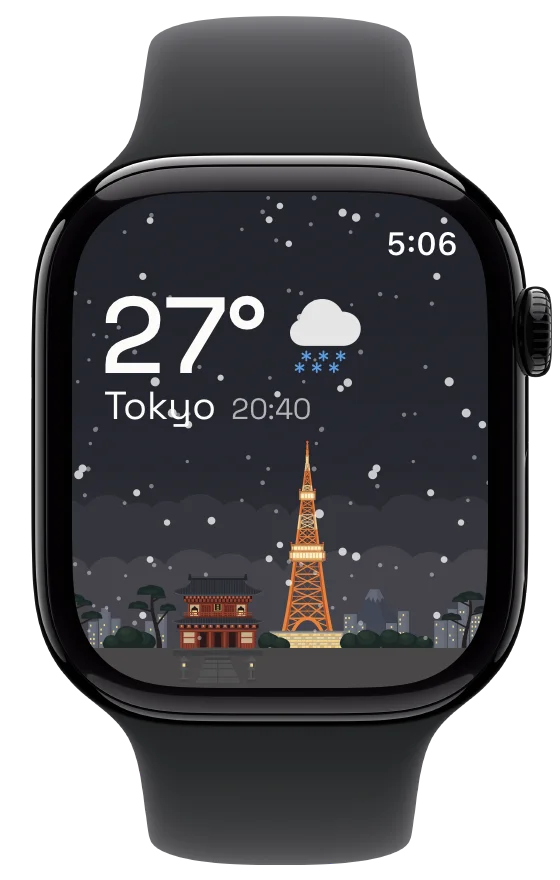 Hourline on Apple Watch, with Tokyo's snowy sky and illuminated tower.